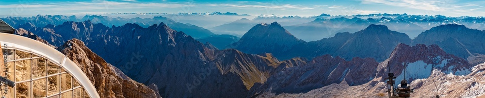 High resolution stitched alpine summer panorama at Mount Zugspitze, Top of Germany, Garmisch-Partenkirchen, Bavaria, Germany