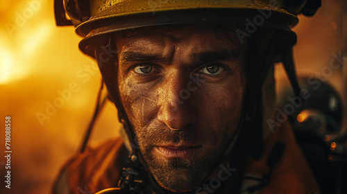 Environmental portrait of a firefighter, showcasing strength and resilience in their facial features, remarkable faces, firefighter portrait, hd, strong with copy space