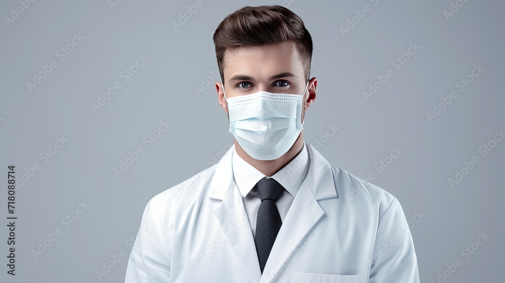 A male doctor wearing a white medical suit and mask due to covid-19 is seen in front of the white space. A male doctor wearing a white medical suit and mask due to covid-19 is seen in front of the white space.