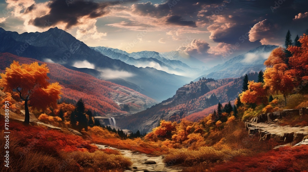 Vibrant autumn colors in a mountainous landscape.