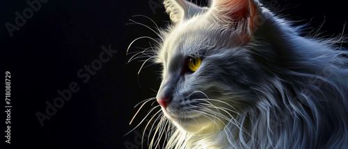 White fluffy cat on black background, copy space foe text © Kseniya