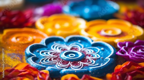 A close-up of the bright rangoli colors that are spread over the background.