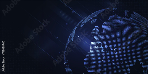 Digital technology futuristic internet network connection dark black background, blue abstract cyber information communication, Ai big data science, innovation future tech, line illustration vector 3d