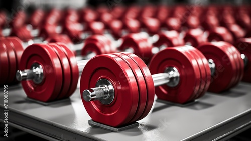 A row of shiny red dumbbells. generative AI