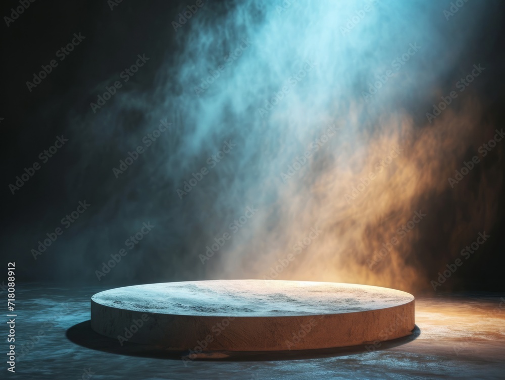 Flat minimalistic product display podium on the floor covered with liquid nitrogen with back lighting on dark background. AI generated photorealistic illustration of a marketing demo stage.