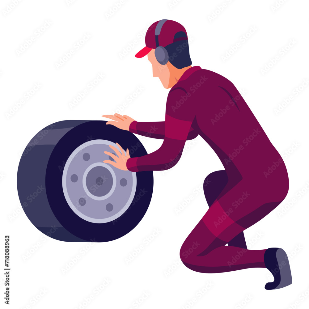 Racing car pit stop mechanics. Engineers team in uniform changing wheels, tires. Auto maintenance service, quick repair Racing car pit stop mechanics. Engineers team in uniform changing wheels, tires. Auto maintenance service, quick repair