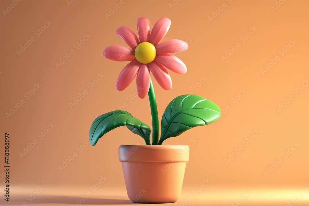 A 3D-rendered pink flower in a pot against a warm orange background A 3D-rendered pink flower in a pot against a warm orange background