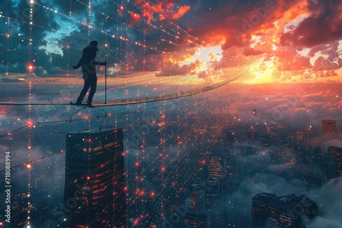A surreal image of a person walking on a tightrope made of blockchain links above a cityscape, symbolizing the risk and balance in crypto investments