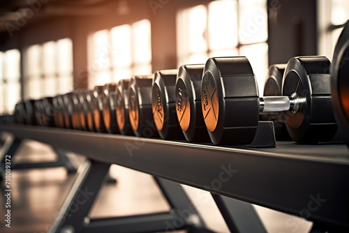 Rows of black dumbbells in a fitness center. generative AI