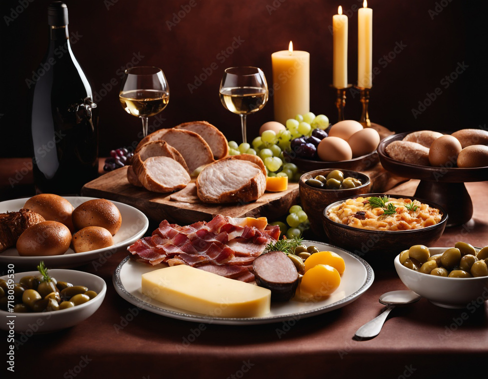 This image showcases a lavish spread of various gourmet foods arranged on a wooden table, creating an inviting and appetizing scene.