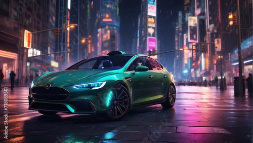 Green Sports Car Parked on Illuminated Urban Street at Night Reflecting Neon Lights