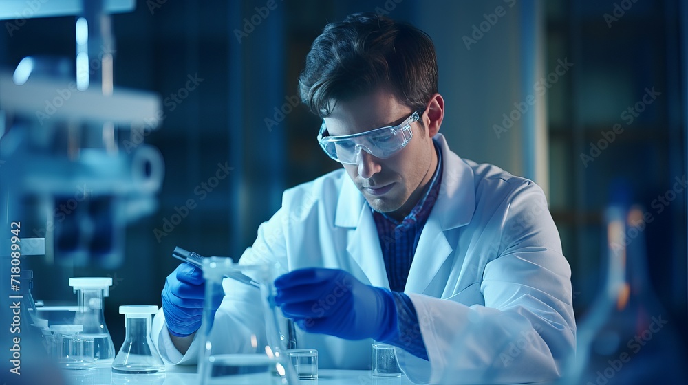 The young scientist is analyzing the liquid. The young scientist is analyzing the liquid.