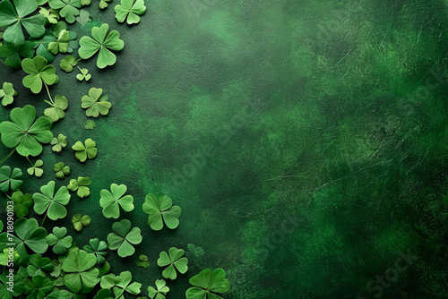 Textured deep green background with clover leaves and copy space. Top view backdrop for St. Patrick's Day holiday. photo