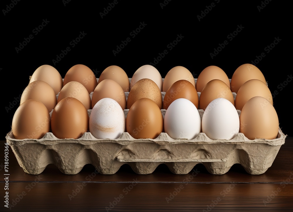 Light brown, white and orange eggs on an egg tray isolated on a black background Light brown, white and orange eggs on an egg tray isolated on a black background