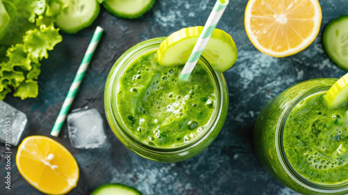 Mason jar mugs filled with green spinach and a health smoothie made from kale, lemon slices and cucumbers, with a straw. Healthy eating. © Evgeniia