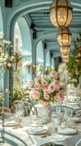 Elegant Table Setting in a Chic Restaurant. A beautifully decorated restaurant table with flowers.