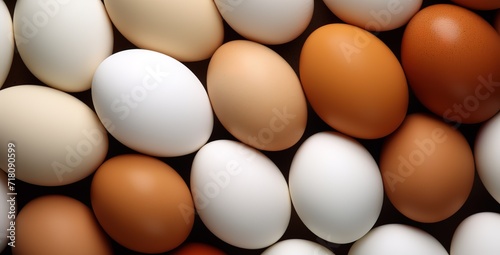 Rows of fresh white and brown eggs in the photo on a black background