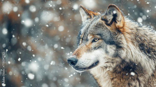 A wolf is looking for prey in snowy weather. Close-up.