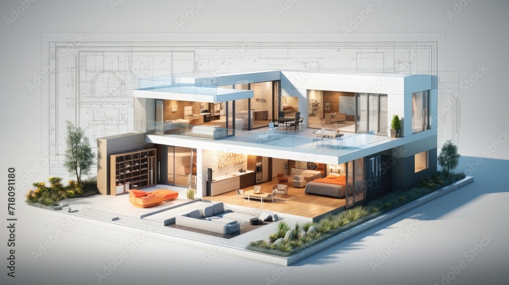 3d rendering of modern cozy house with garage and pool for sale or rent 3d rendering of modern cozy house with garage and pool for sale or rent
