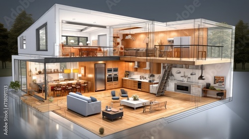 3d rendering of a modern house with a kitchen and dining area