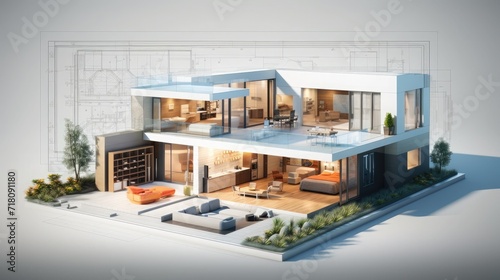 3d rendering of modern cozy house with garage and pool for sale or rent