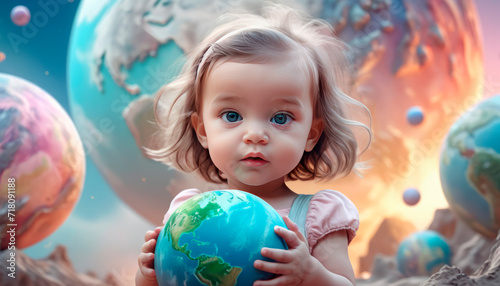 Fototapeta Naklejka Na Ścianę i Meble -  Planet Earth in the children's hands of a beautiful touching baby.