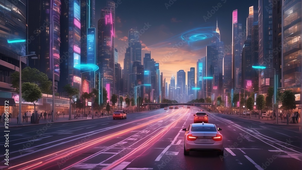 Futuristic Cityscape at Dusk with Illuminated Skyscrapers, Neon Lights, Cars on Wide Avenue, Sky