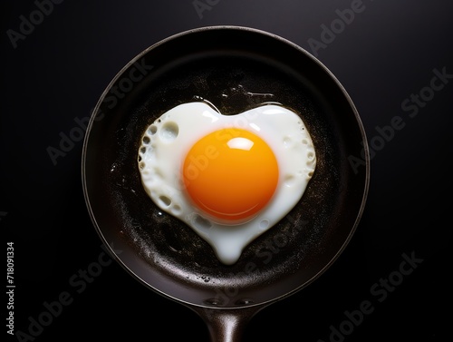 Photo of a heart-shaped omelet in the photo on a frying pan with a black background. generative AI