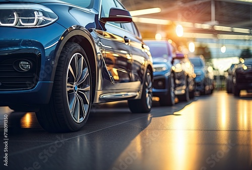 row of cars in dealer showroom - shallow depth of field. © PixStudio