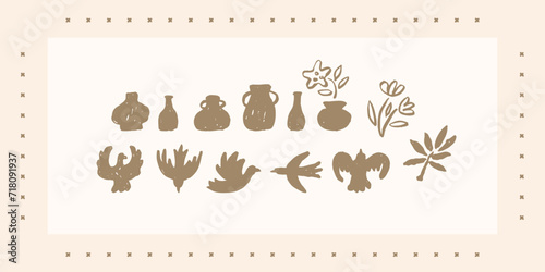 birds and plants Southwest and Mexico style aesthetic design, soothing vibe, natural feel, organic forms, rustic charm