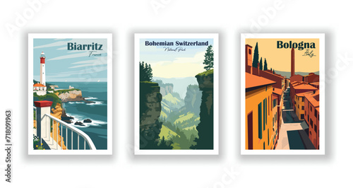 Biarritz, France. Bohemian Switzerland, National Park. Bologna, Italy - Vintage Travel Posters photo
