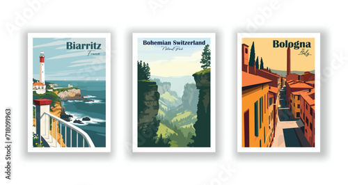 Biarritz, France. Bohemian Switzerland, National Park. Bologna, Italy - Vintage Travel Posters