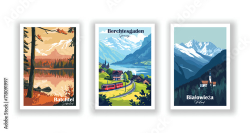 Batchtel, Switzerland. Berchtesgaden, Germany. Białowieża, Poland - Vintage Travel Posters