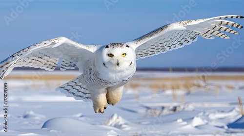 A snowy owl gracefully gliding over a frozen tundra