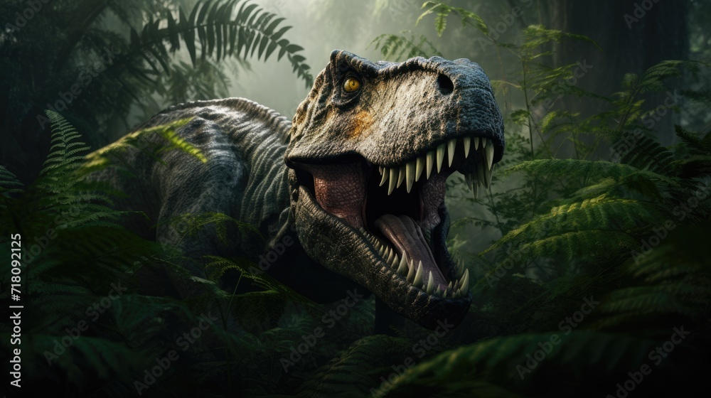 A fearsome dinosaur emerging from dense prehistoric foliage