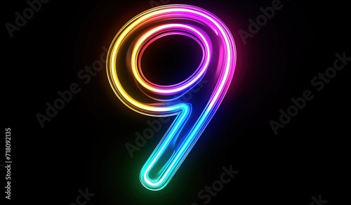 Bright neon number nine illuminated in different colors on a dark background, ideal for events, anniversaries and celebrations.