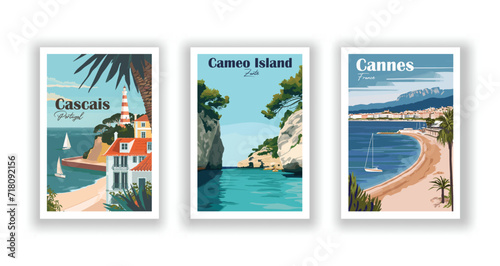 Cameo Island, Zante. Cannes, France. Cascais, Portugal - Vintage Travel Posters