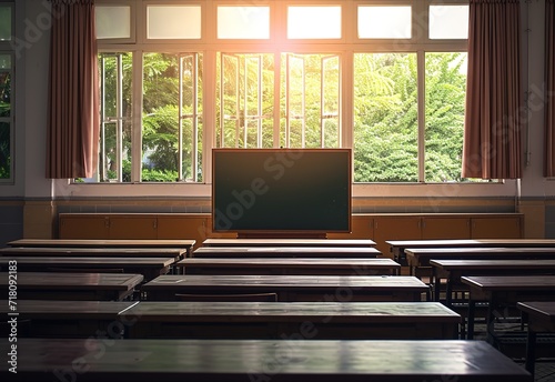 A traditional classroom with wooden chairs and a chalkboard, illuminated by natural light - a favorable environment for learning and development photo