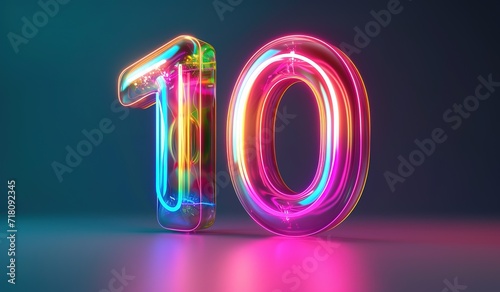 Bright neon lights forming the number 10, illuminating the dark surroundings with a colorful glow photo