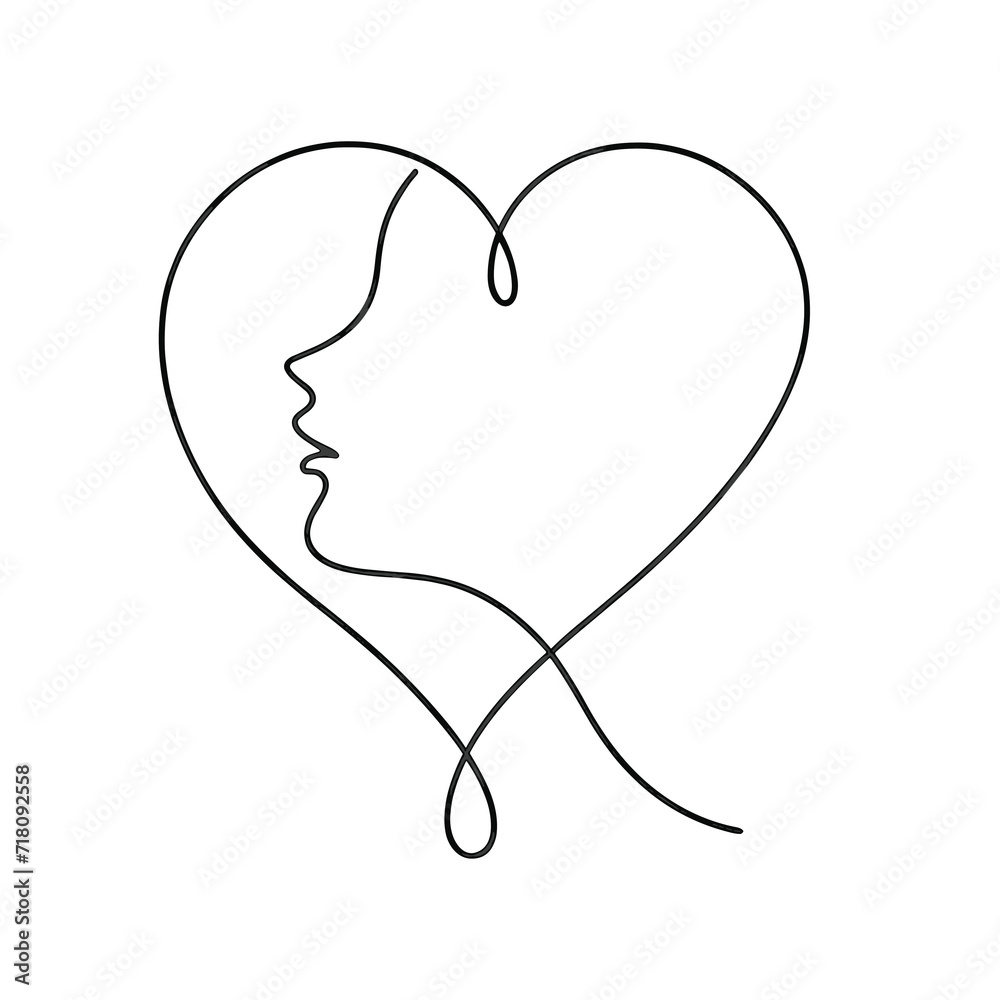 Single line drawing heart. Single line drawing of a heart with woman's face profile Single line drawing heart. Single line drawing of a heart with woman's face profile