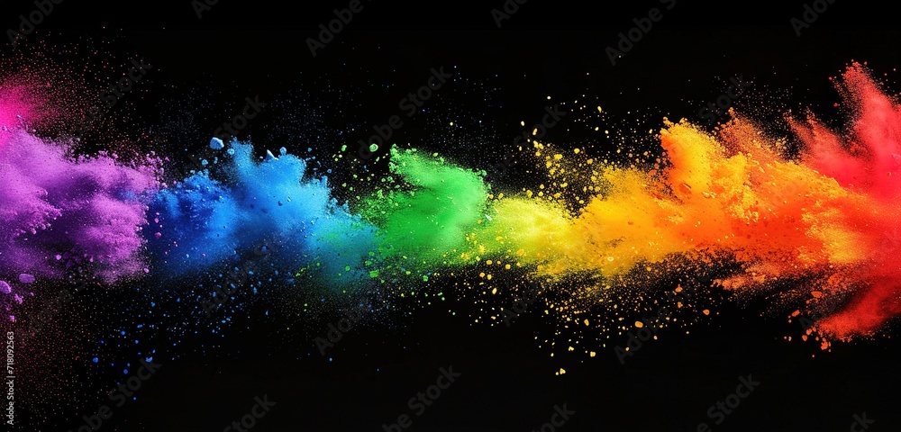 A vibrant explosion of colored powder against a dark background, capturing dynamic movement and energy