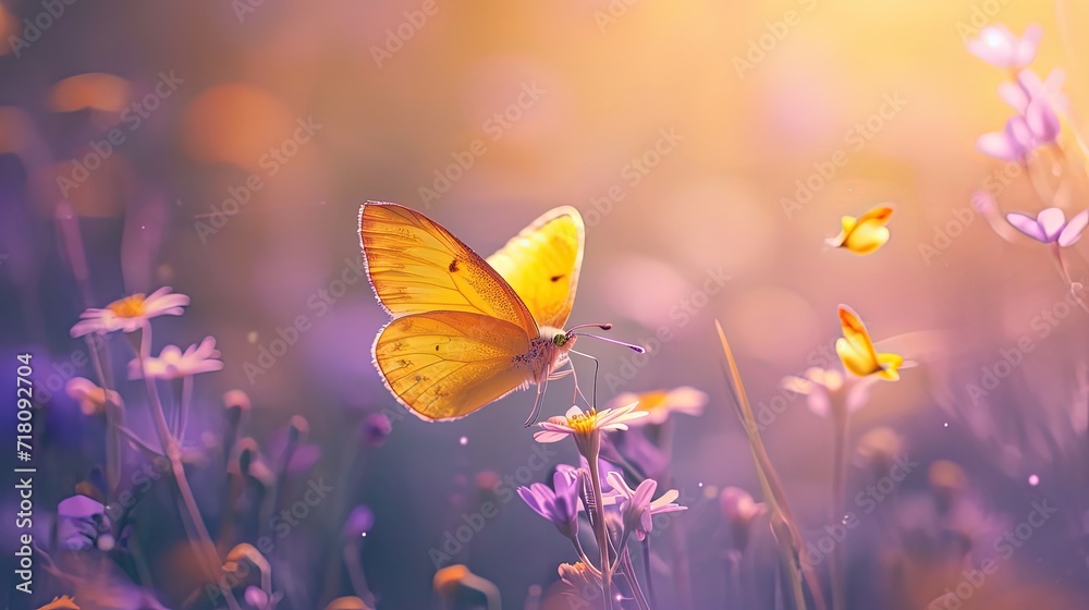 A golden butterfly alights on a flower amidst a surreal purple meadow under a warm, enchanted light. - obrazy, fototapety, plakaty 