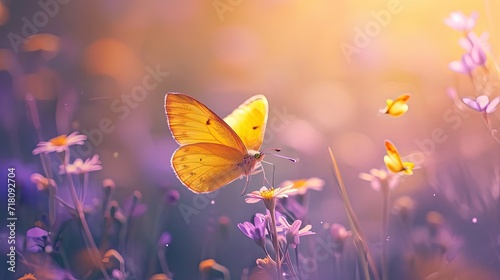 A golden butterfly alights on a flower amidst a surreal purple meadow under a warm, enchanted light. photo