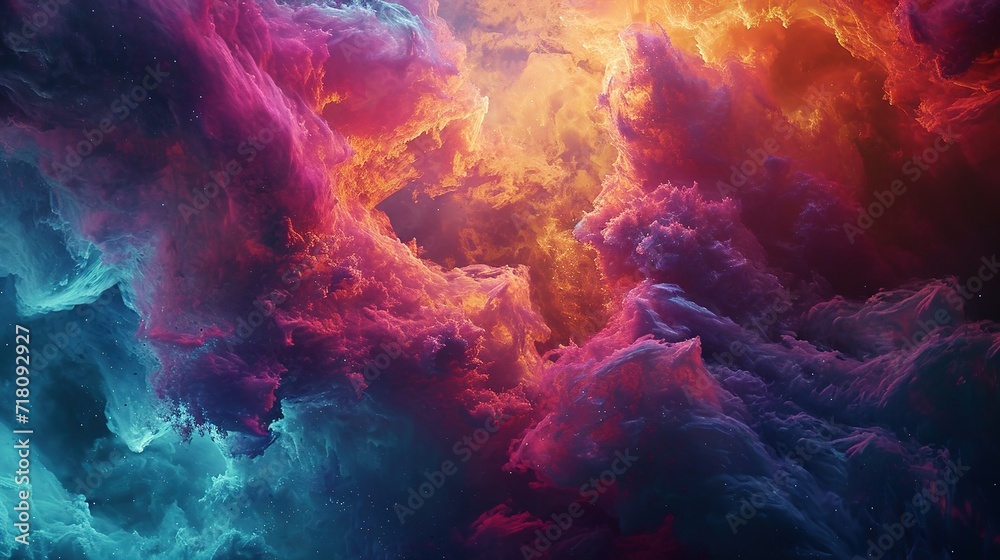 Abstract celestial landscape depicting vibrant cosmic clouds with a fusion of warm and cool colors.