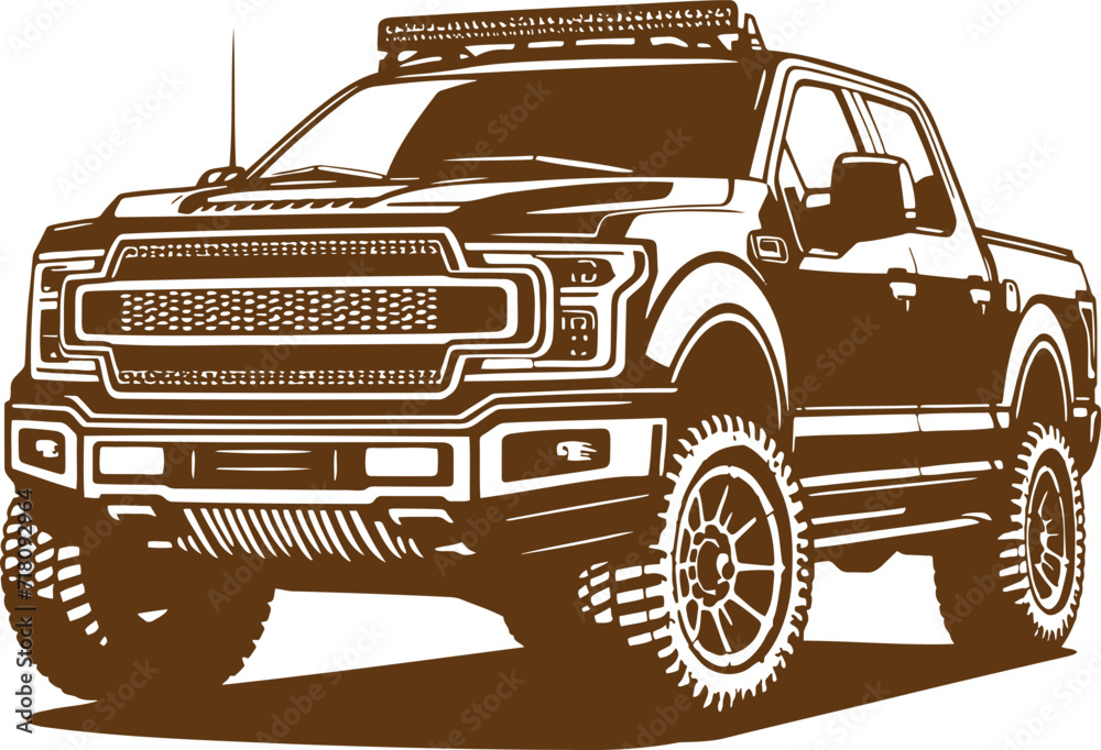 Stylized half-turn monochrome vector illustration of a modern pickup truck presented in a stencil format on a white background