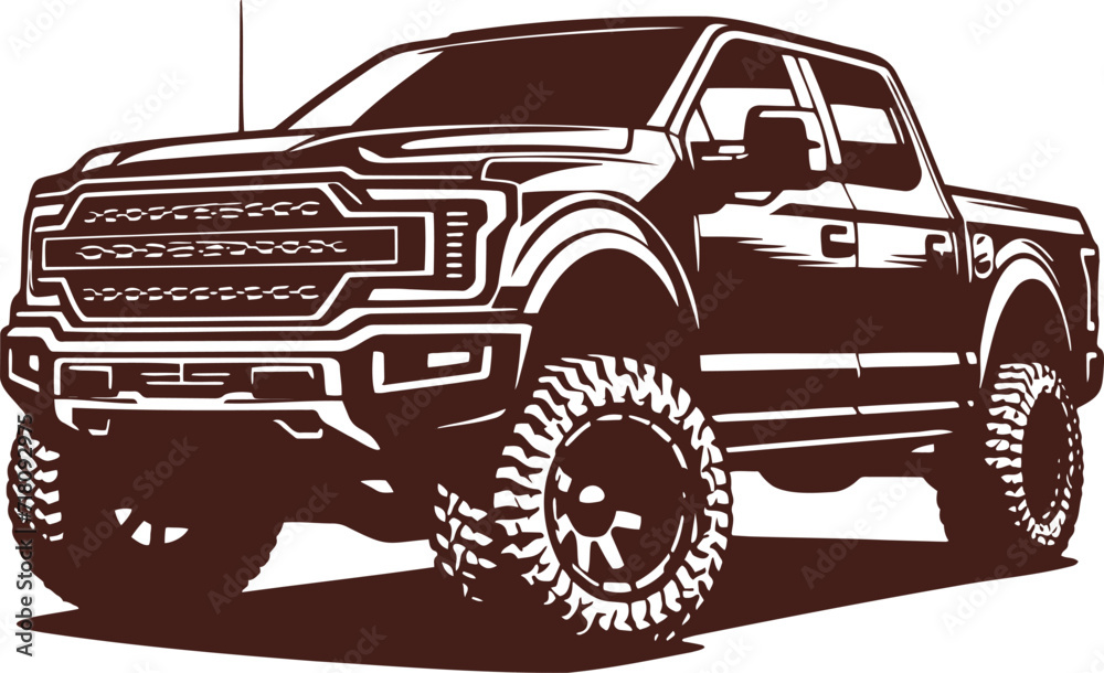 Stylized vector drawing of a modern pickup truck in monochrome stencil style, presented in a half-turn on a white background