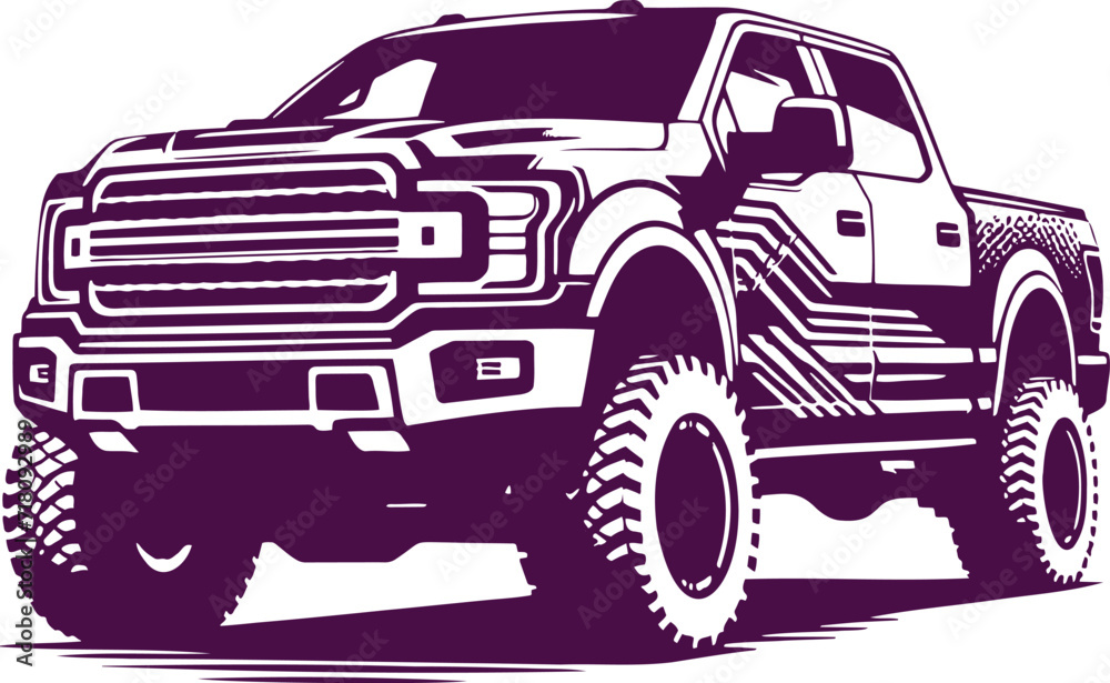 Modern pickup truck half-turn stencil vector drawing monochrome isolated on white background