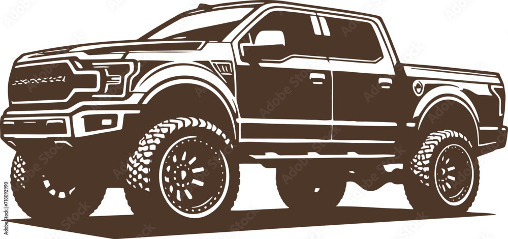 Vector drawing of a contemporary pickup truck presented in a monochrome stencil style isolated on a white background