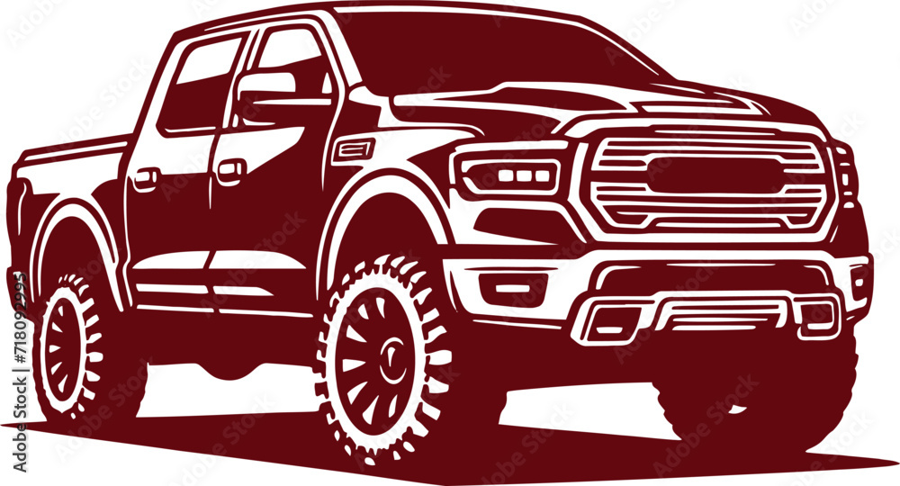 Modern pickup truck showcased in half-turn monochrome vector stencil isolated on a white background