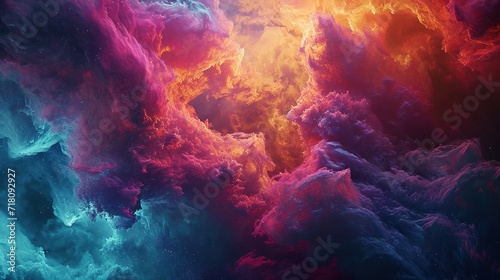 Abstract celestial landscape depicting vibrant cosmic clouds with a fusion of warm and cool colors.
